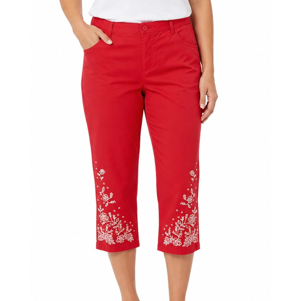Talbots Pants Womens Size 16 Red Capri Floral Embroidered Stretch Casual Cropped